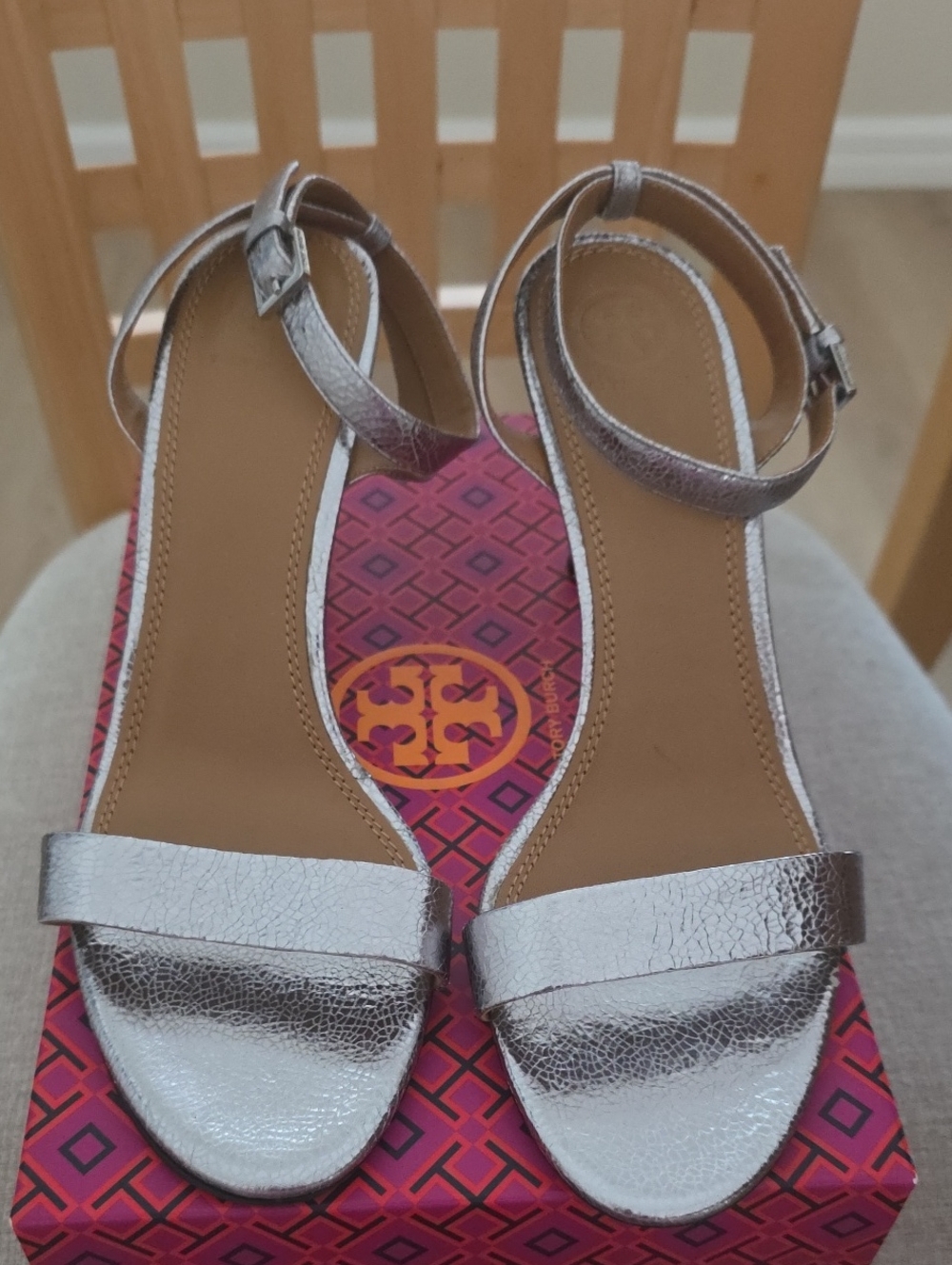 NIB Tory Burch Metallic Silver Ankle-Strap Sandals